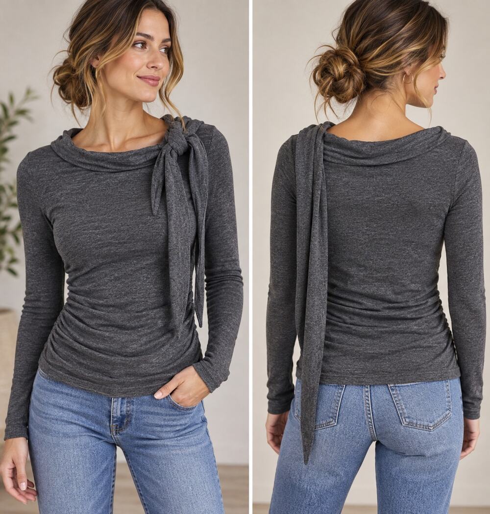 OGL Move Wool Blend Boatneck Bra Top Medium Gray Ruched Tie Built In Bra